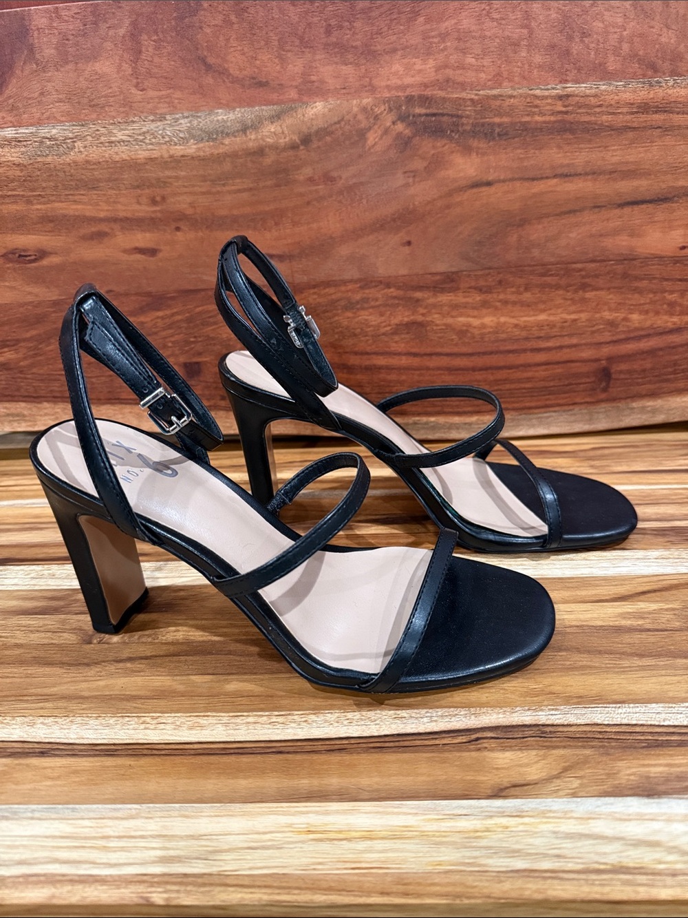 Mix No. 6 Black Strappy Block Heel Sandals with Ankle Buckle